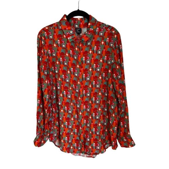 Made in Sens crowded people geometric boho button up top face novelty print - Picture 1 of 7